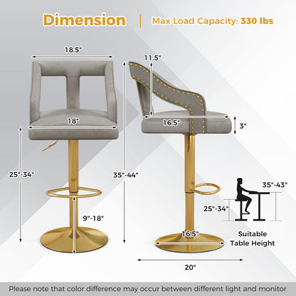 Set of 2 Bar Chairs with Footrest and 2-Layer Electroplated Metal Base-Gray - Gray