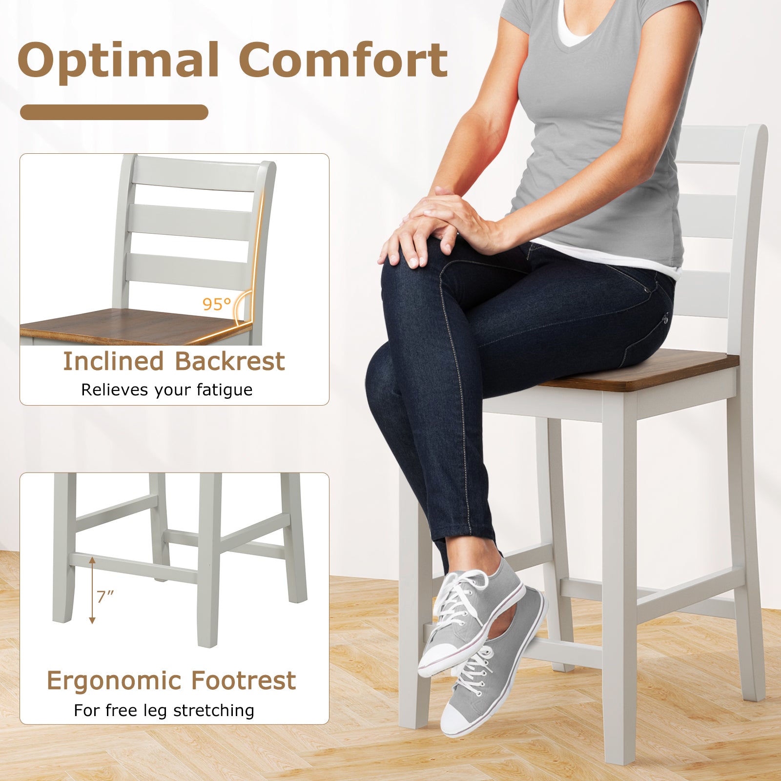 Set of 2 Counter Bar Stool with Inclined Backrest and Footrest-Gray