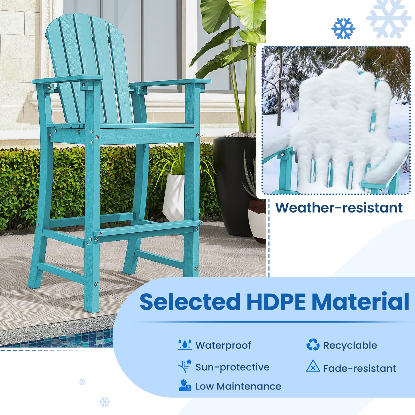 Set of 2 Counter Height Outdoor HDPE Bar Stool with Armrests and Footrest-Turquoise