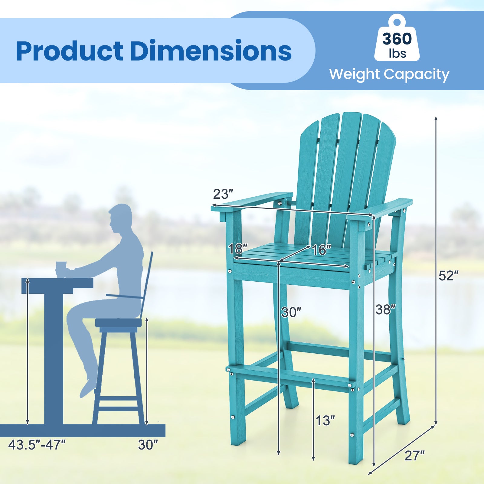 Set of 2 Counter Height Outdoor HDPE Bar Stool with Armrests and Footrest-Turquoise
