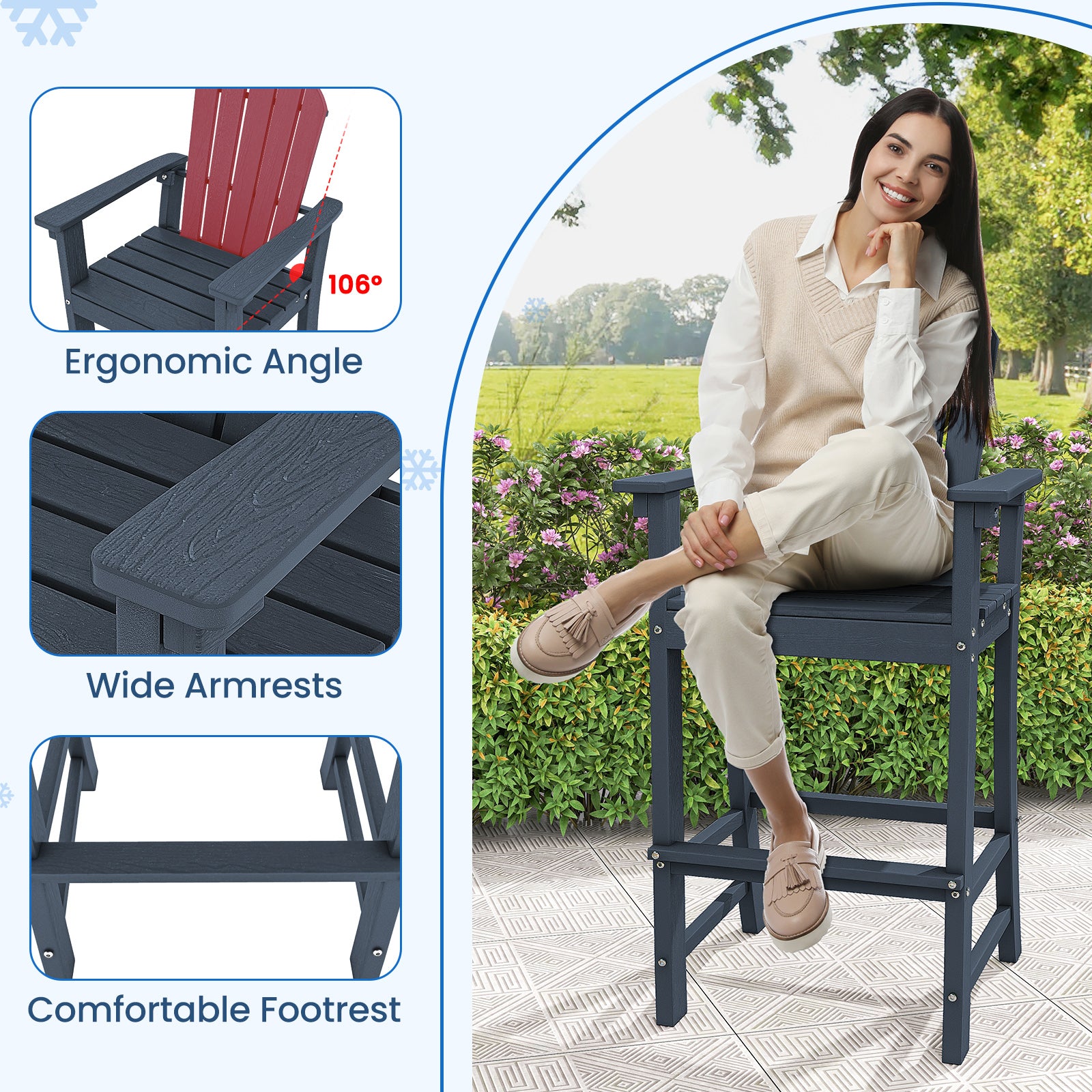 Set of 2 Counter Height Outdoor HDPE Bar Stool with Armrests and Footrest-Navy