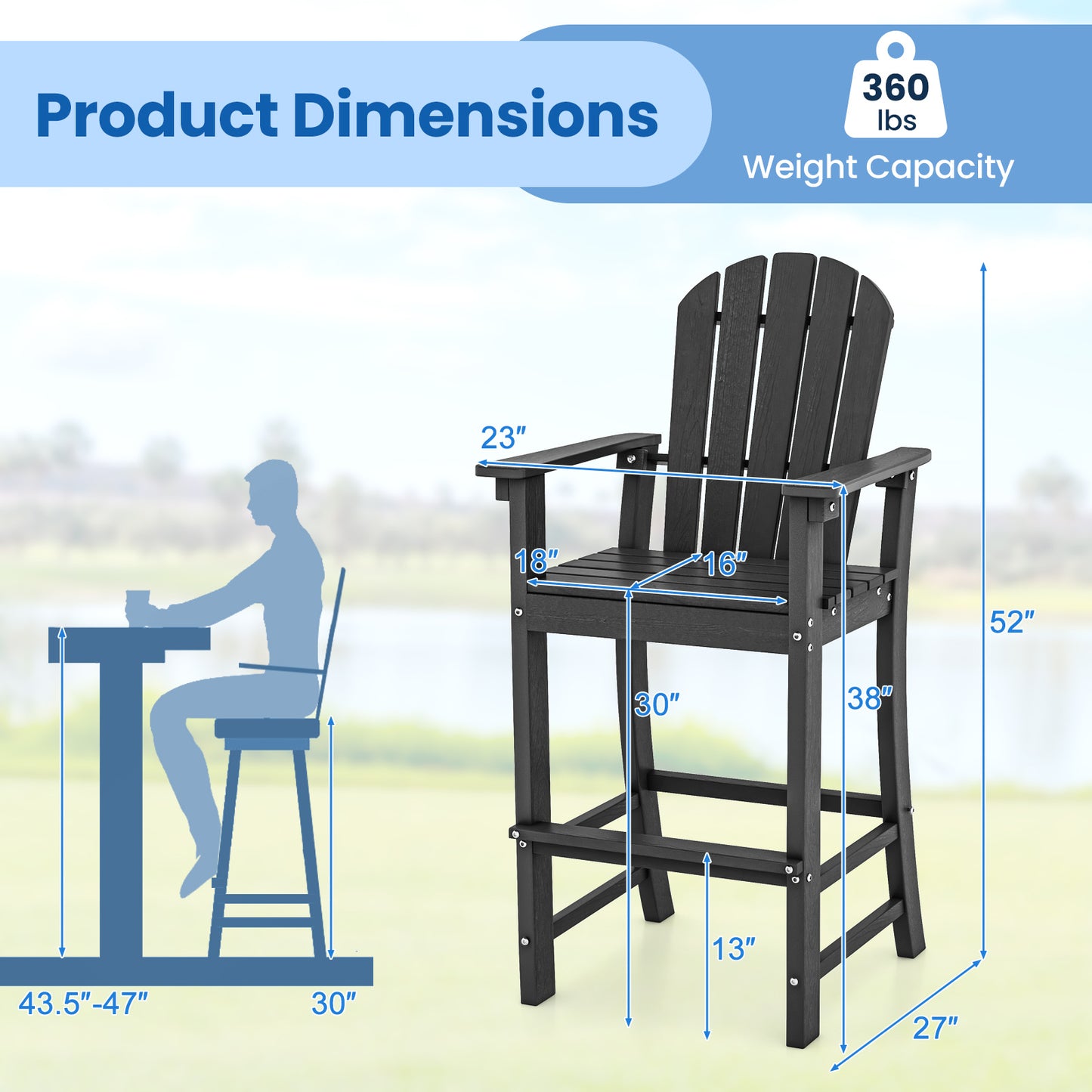 Set of 2 Counter Height Outdoor HDPE Bar Stool with Armrests and Footrest-Black