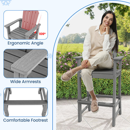 Set of 2 Counter Height Outdoor HDPE Bar Stool with Armrests and Footrest-Gray