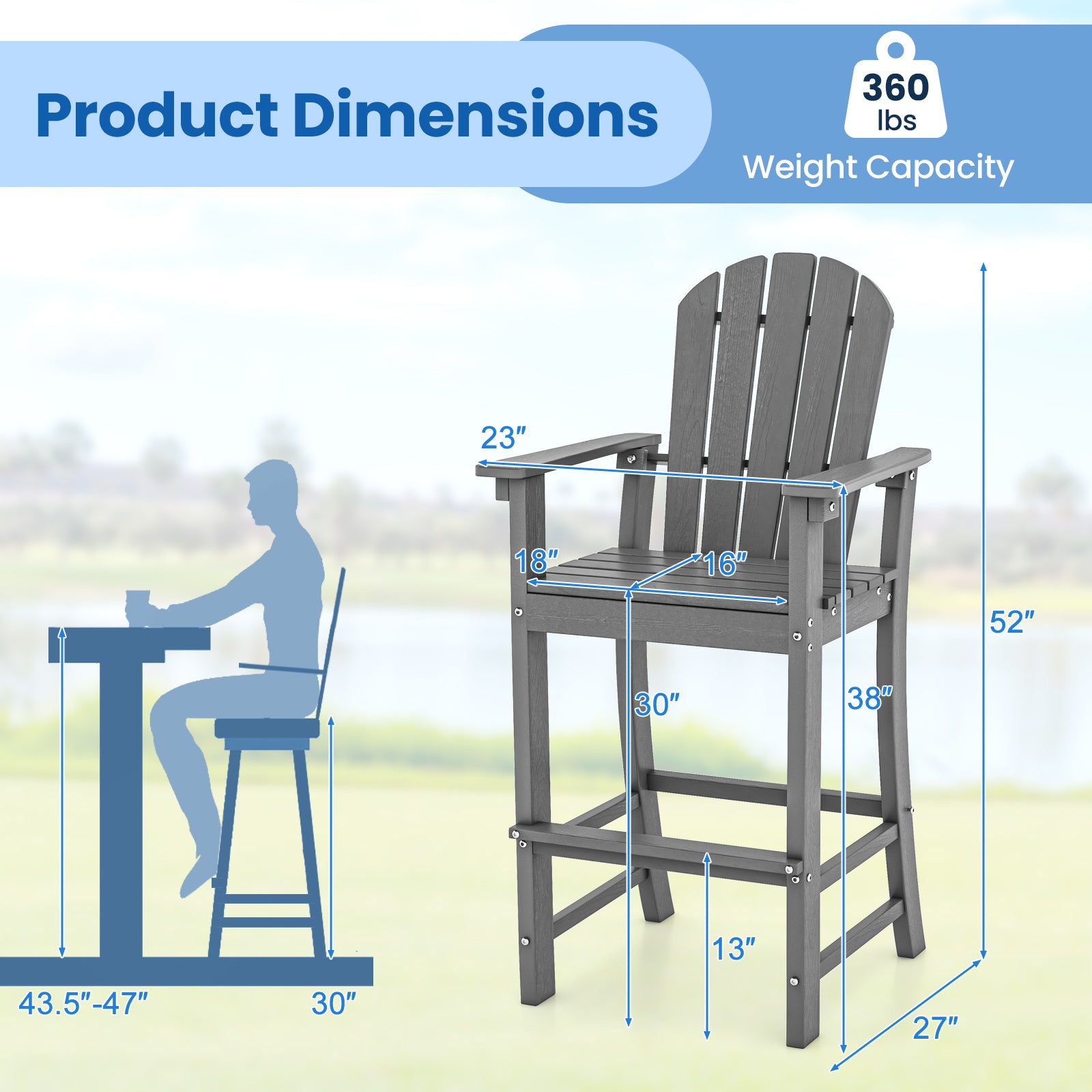Set of 2 Counter Height Outdoor HDPE Bar Stool with Armrests and Footrest-Gray