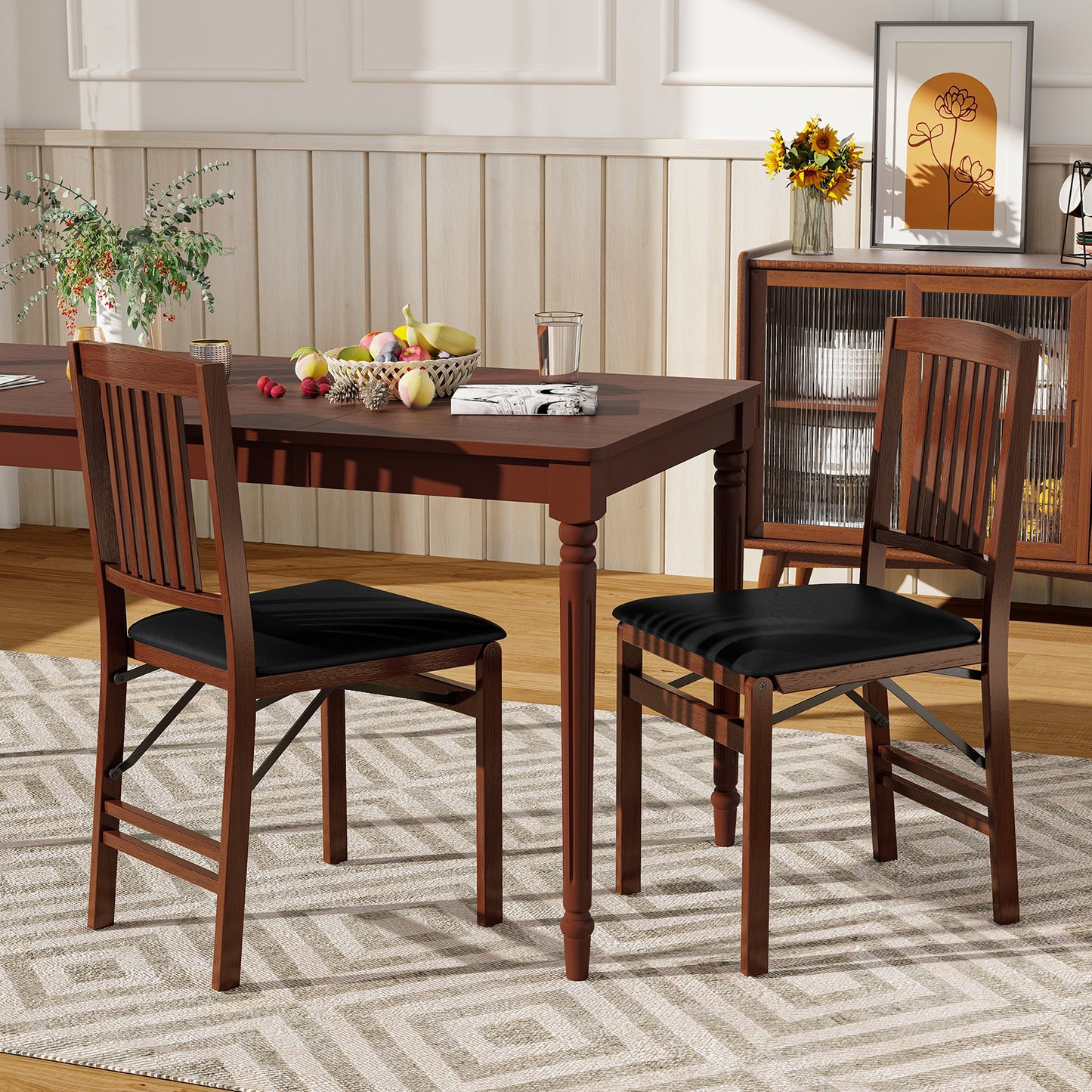 Set of 2 Foldable Upholstered Kitchen Chairs with Padded Seat-Brown