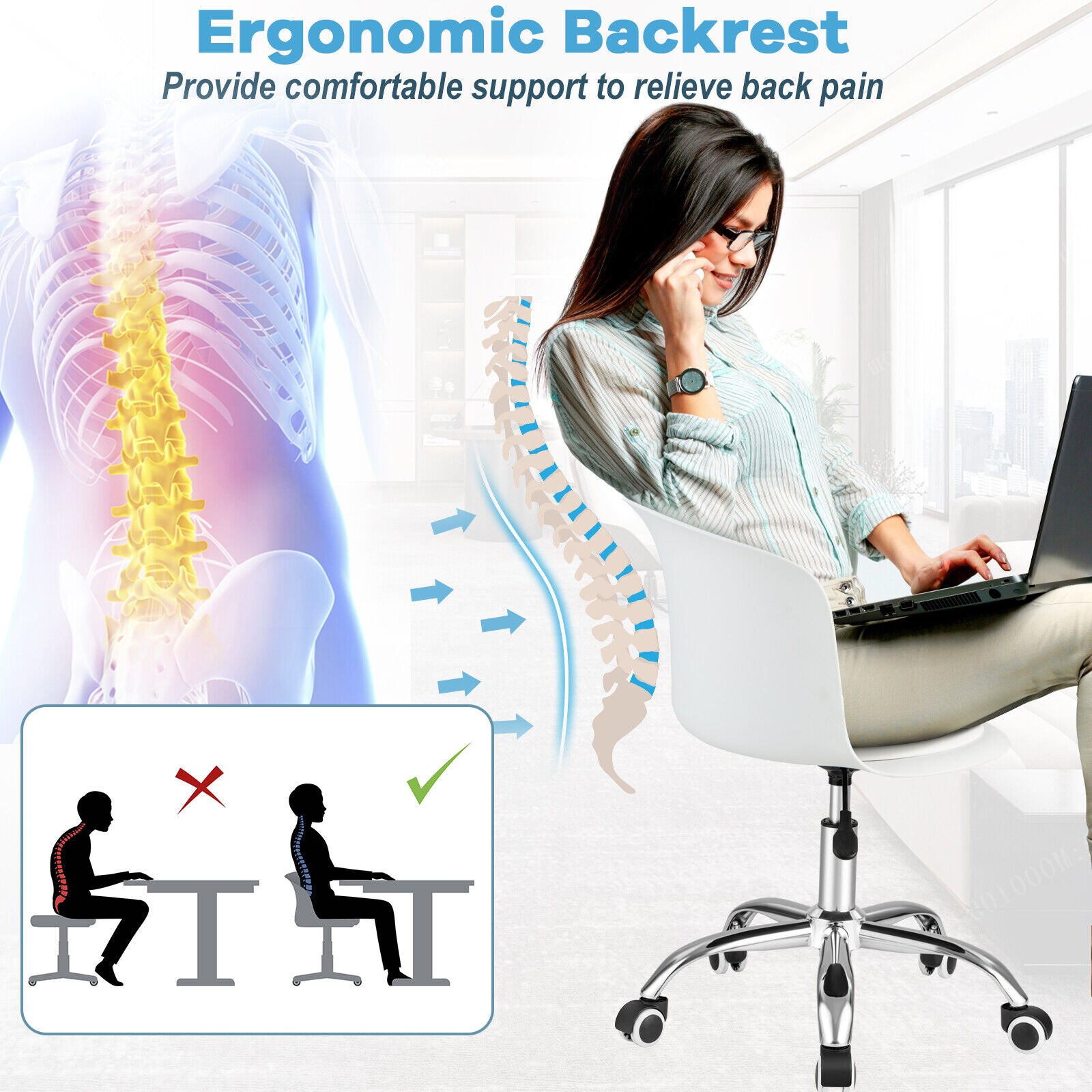 Set of 2 Office Desk Chair with Ergonomic Backrest and Soft Padded PU Leather Seat-White