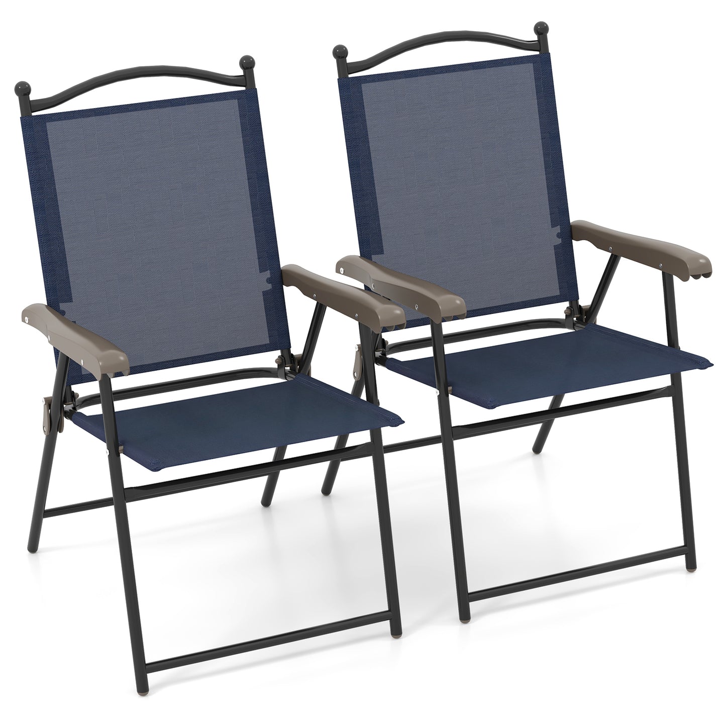Set of 2 Patio Folding Sling Back Camping Deck Chairs-Black - Navy
