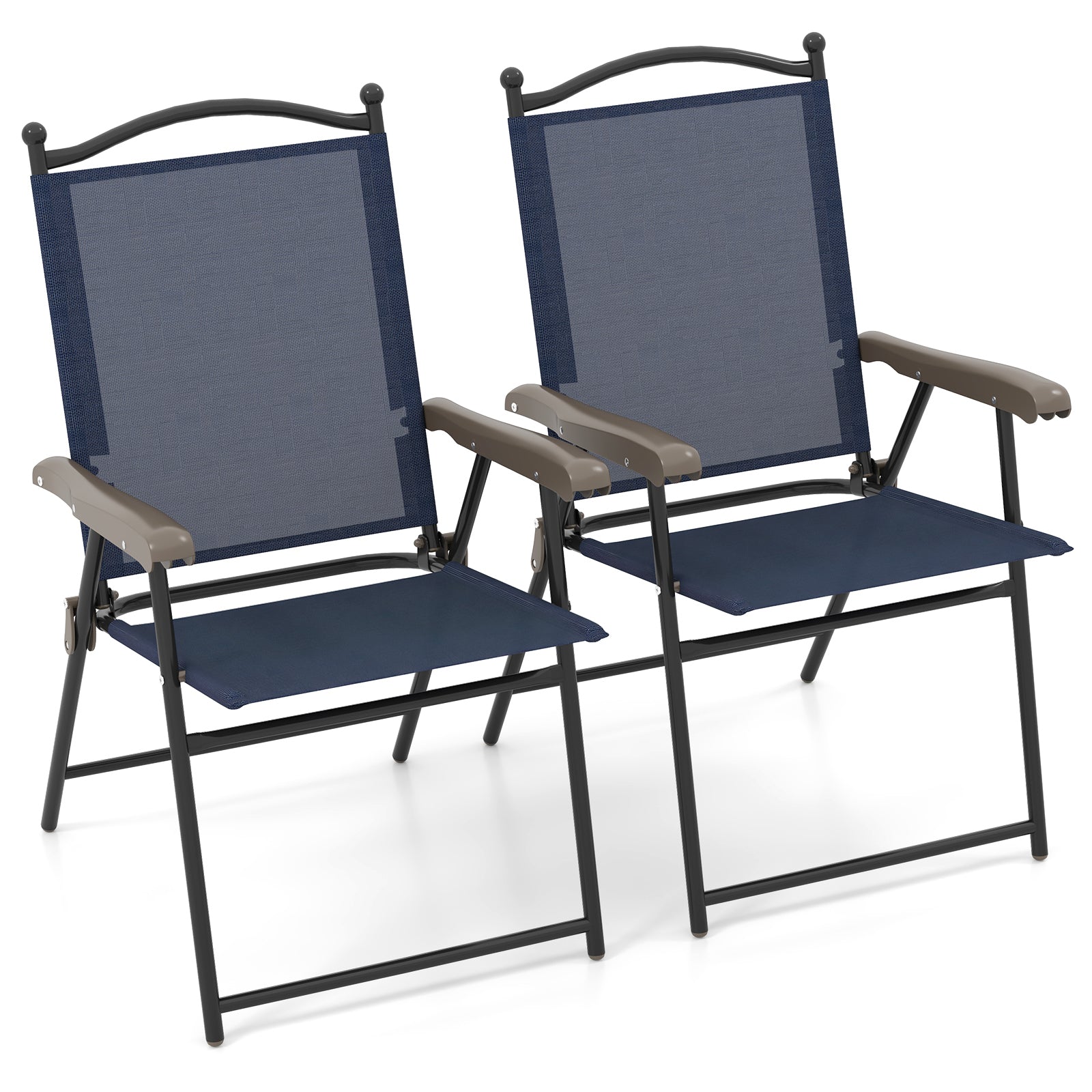 Set of 2 Patio Folding Sling Back Camping Deck Chairs-Black - Navy