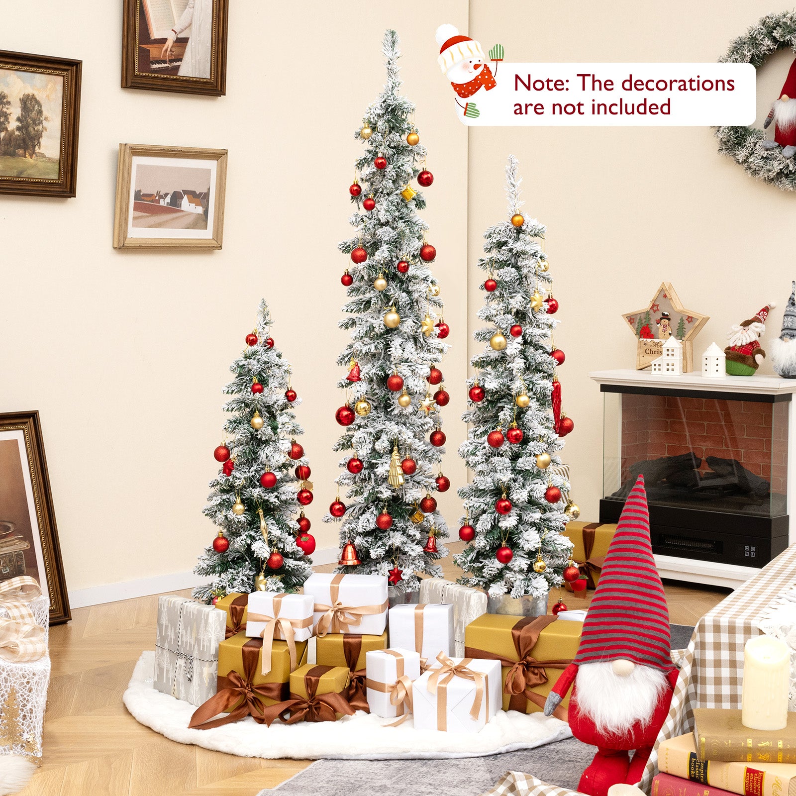 Set of 3 Pre-Lit Snow Flocked Artificial Christmas Trees witrh 423 Branch Tips