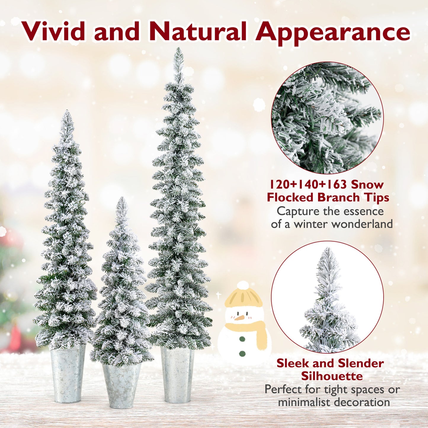 Set of 3 Pre-Lit Snow Flocked Artificial Christmas Trees witrh 423 Branch Tips