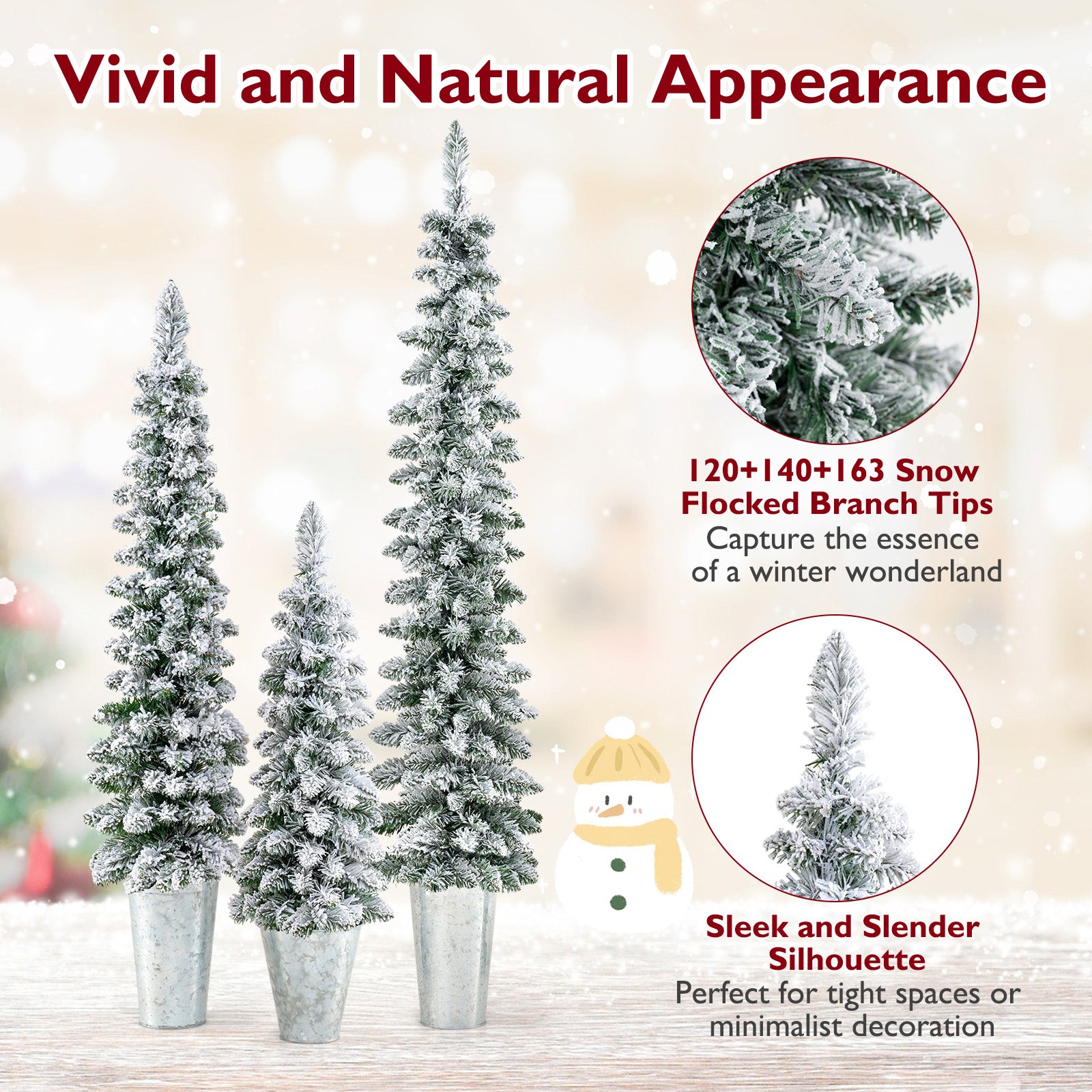 Set of 3 Pre-Lit Snow Flocked Artificial Christmas Trees witrh 423 Branch Tips