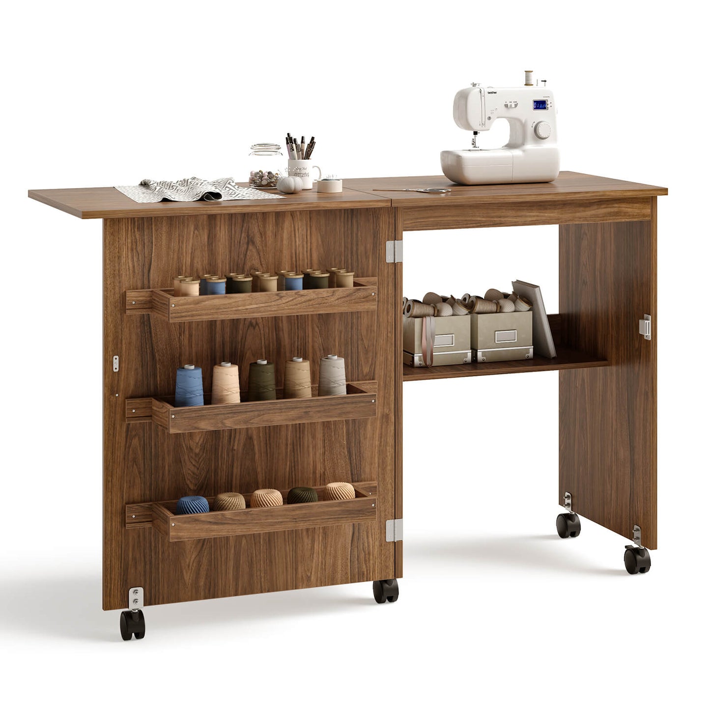 Folding Sewing Craft Table Shelf Storage Cabinet Home Furniture-Brown