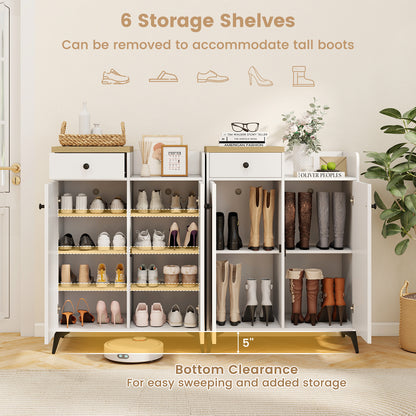 2-Door Shoe Rack Organizer with Drawer and 6 Removable Shelves-White