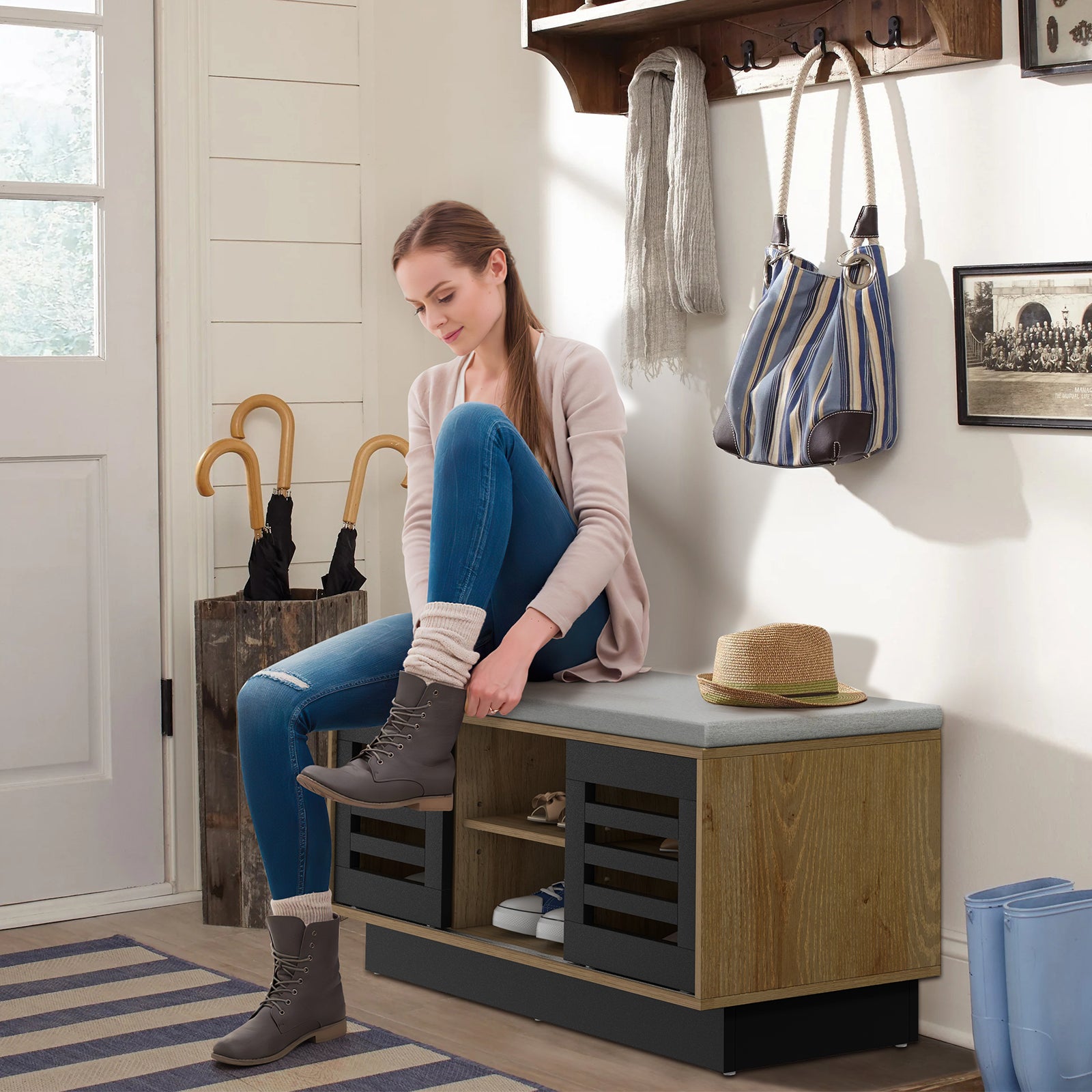 Shoe Bench with 6 Storage Compartments and 3 Adjustable Shelves-Natural