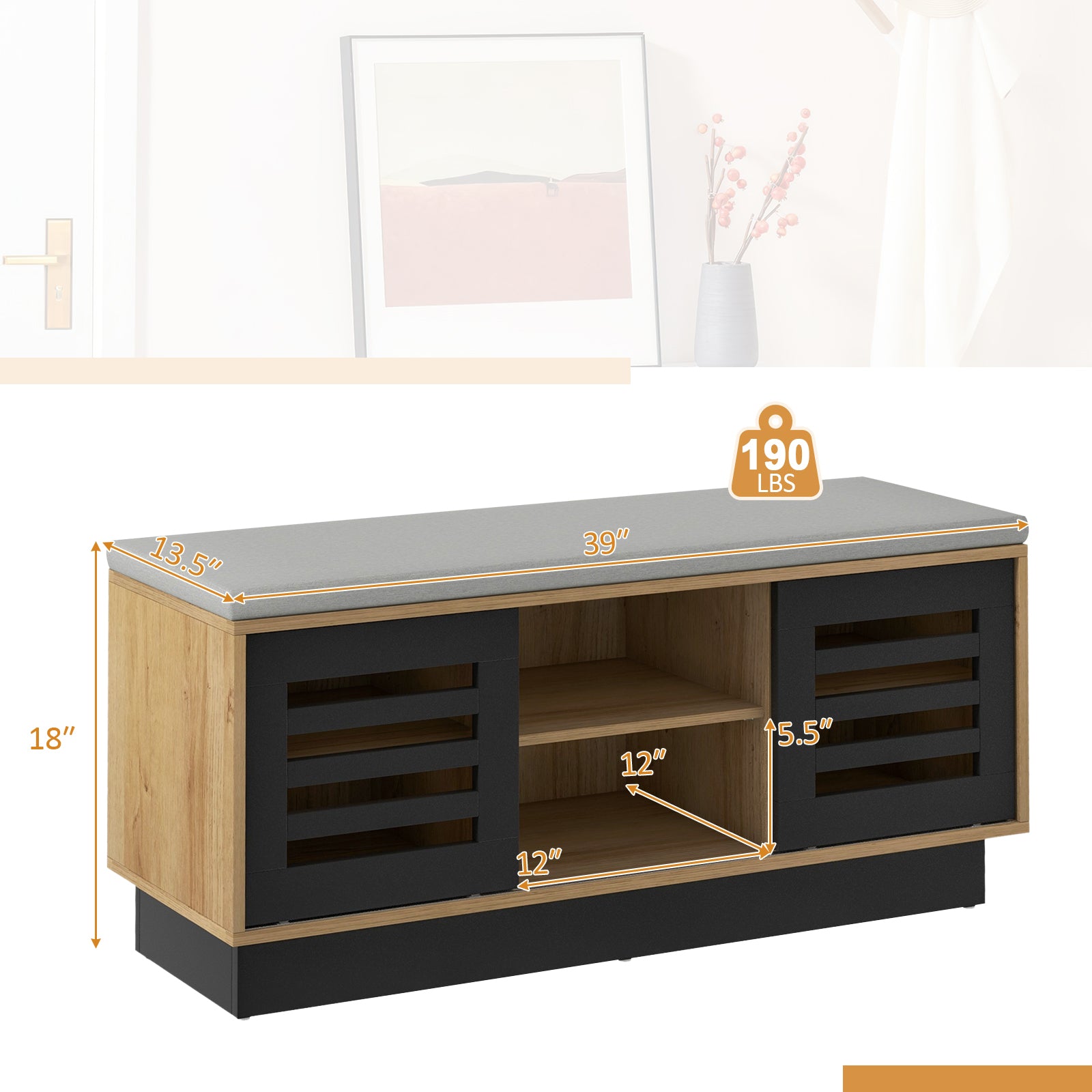 Shoe Bench with 6 Storage Compartments and 3 Adjustable Shelves-Natural