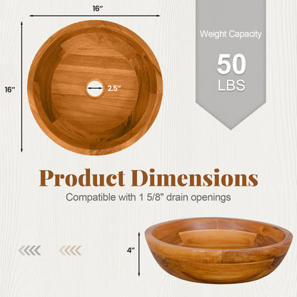 16 Inch Teak Wood Washbasin with Drainage Hole and Rounded Corners