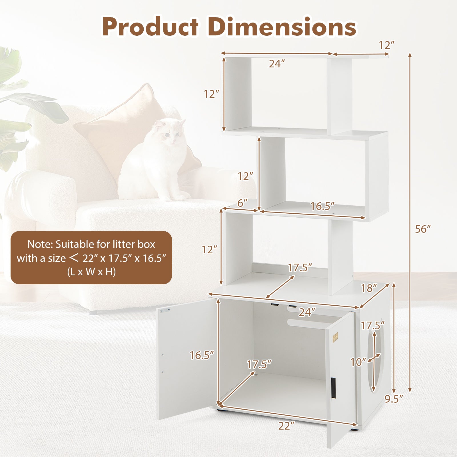 56 Inch Tall Cat Litter Box Enclosure with Storage-White