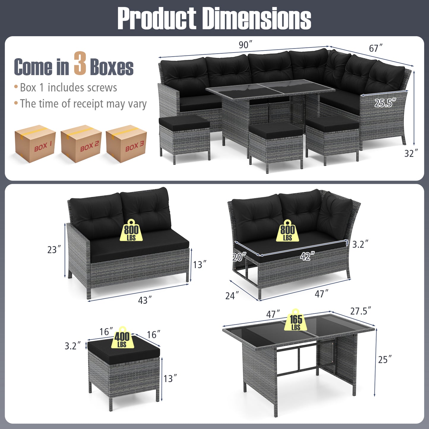 7 Pieces Patio Dining Furniture Set with Soft Cushions and Ottomans-Black