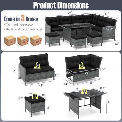 7 Pieces Patio Dining Furniture Set with Soft Cushions and Ottomans-Black