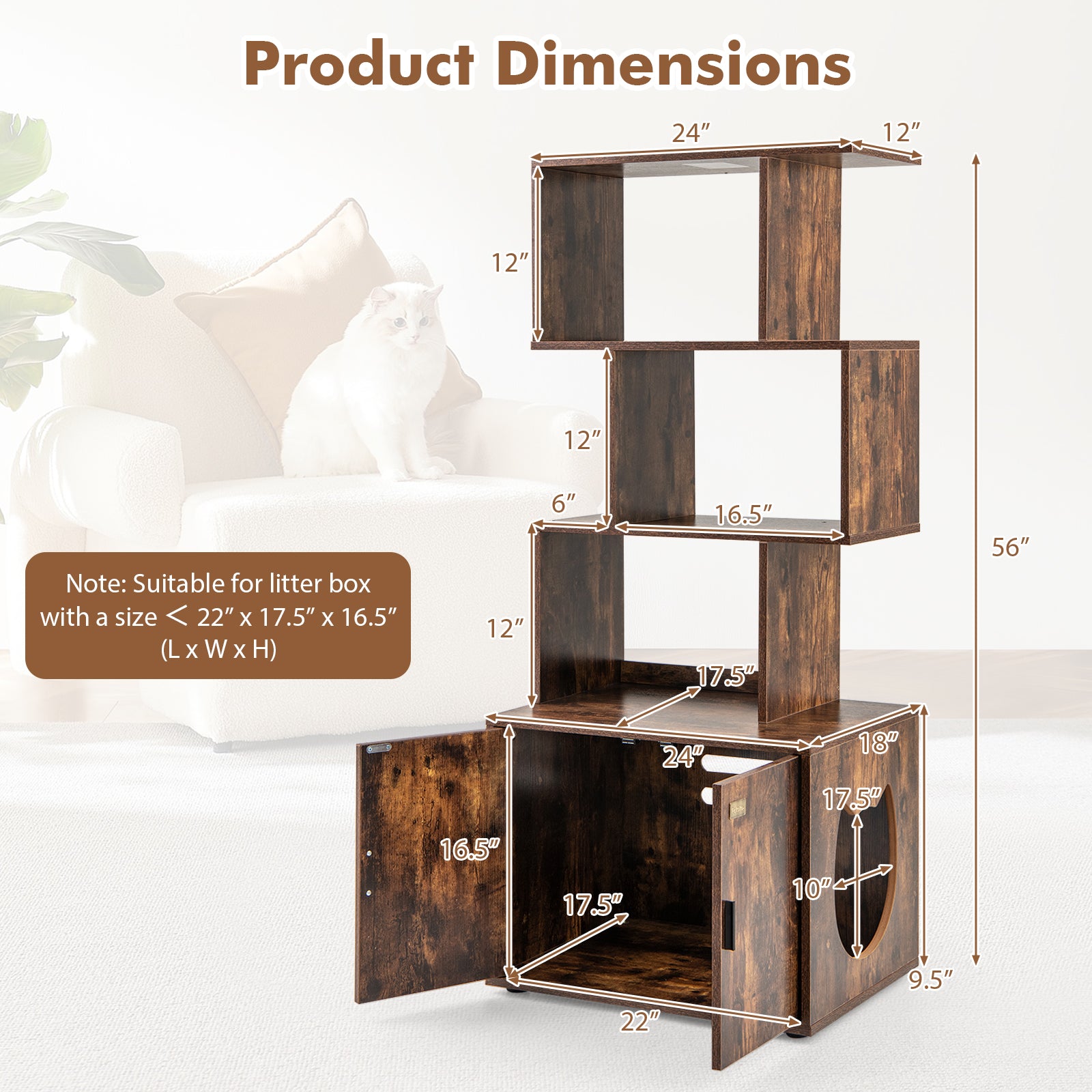 56 Inch Tall Cat Litter Box Enclosure with Storage-Rustic Brown