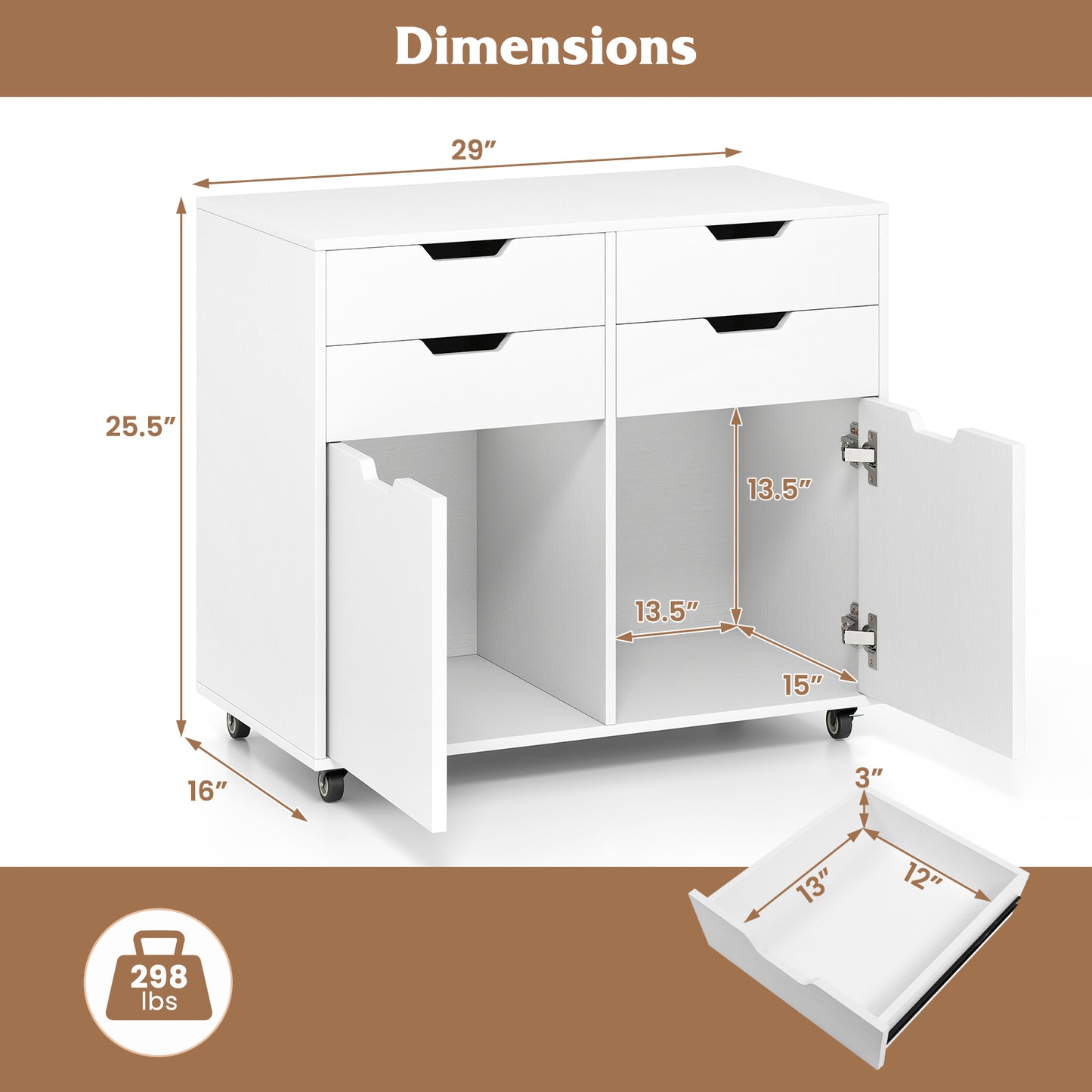 4 Drawer File Cabinet with Wheels for Home Office Organization-White