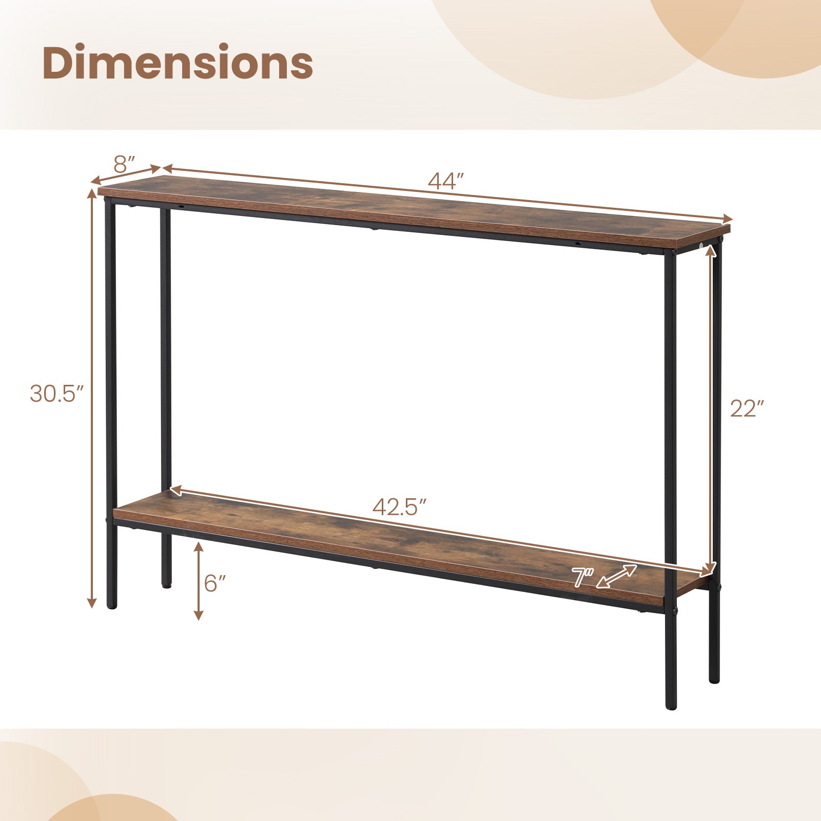 44 Inch Console Table with Shelf with Dual Anti-Tipping Kits-Rustic Brown