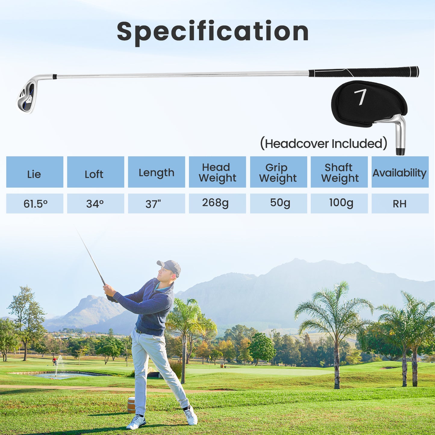 #7 Iron Single Golf Club for Men with Steel Shaft and Headcover