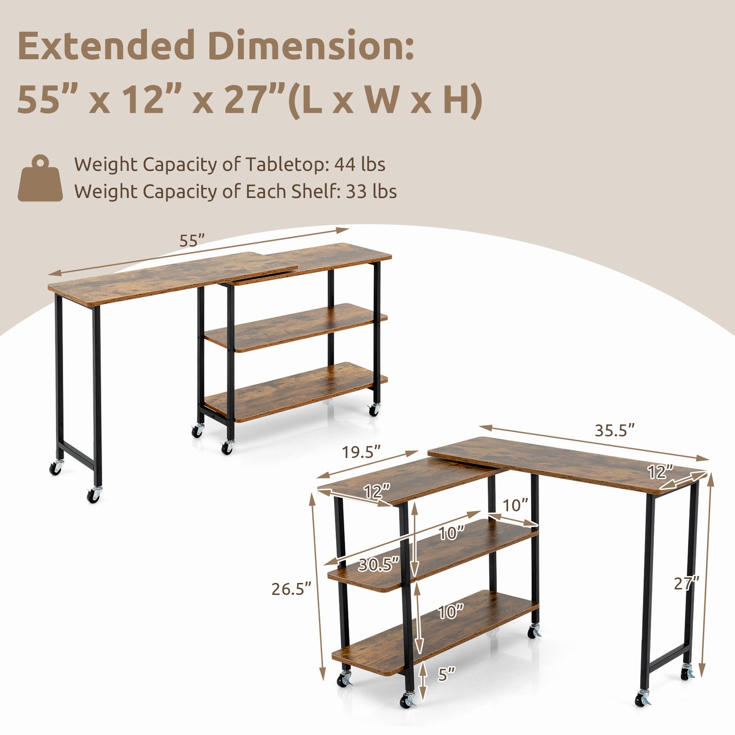 360° Rotating Sofa Side Table with 2-Tier Storage Shelves