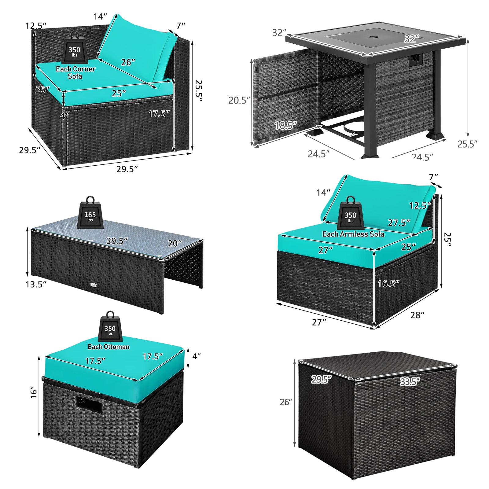 9 Pieces Patio Furniture Set with 32‚Äù Fire Pit Table and 50000 BTU Square Propane Fire Pit-Turquoise