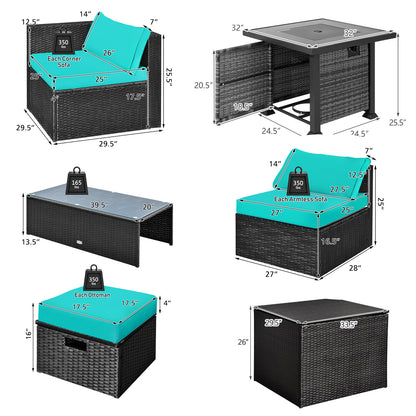 9 Pieces Patio Furniture Set with 32‚Äù Fire Pit Table and 50000 BTU Square Propane Fire Pit-Turquoise