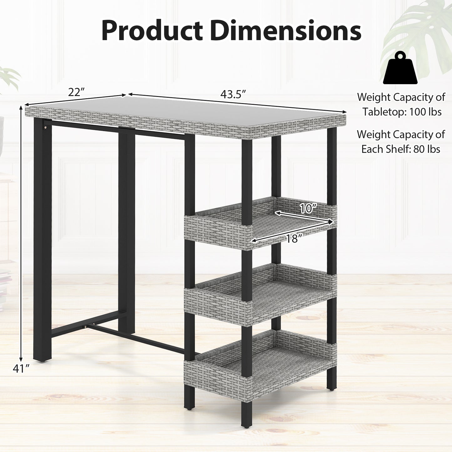 43.5 Inch Outdoor Bar Table with Tempered Glass Top