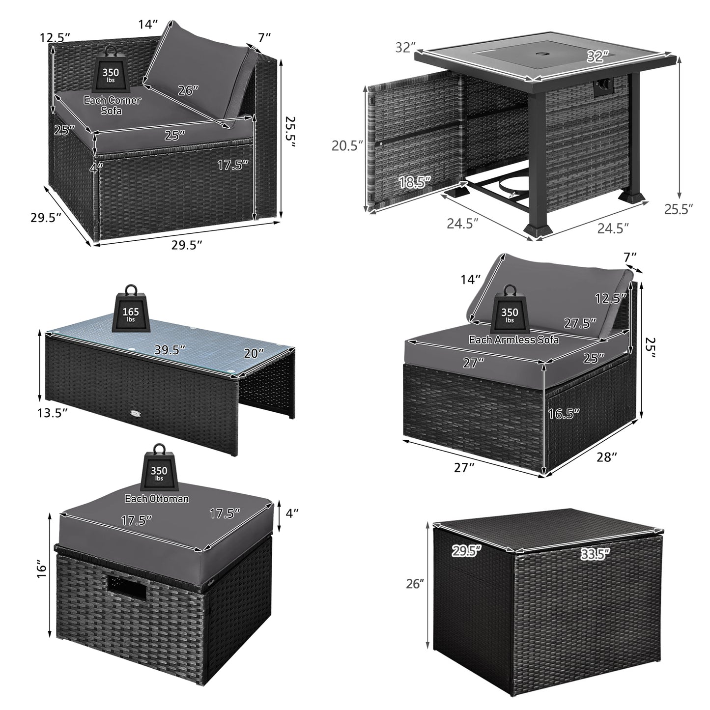 9 Pieces Patio Furniture Set with 32‚Äù Fire Pit Table and 50000 BTU Square Propane Fire Pit-Gray