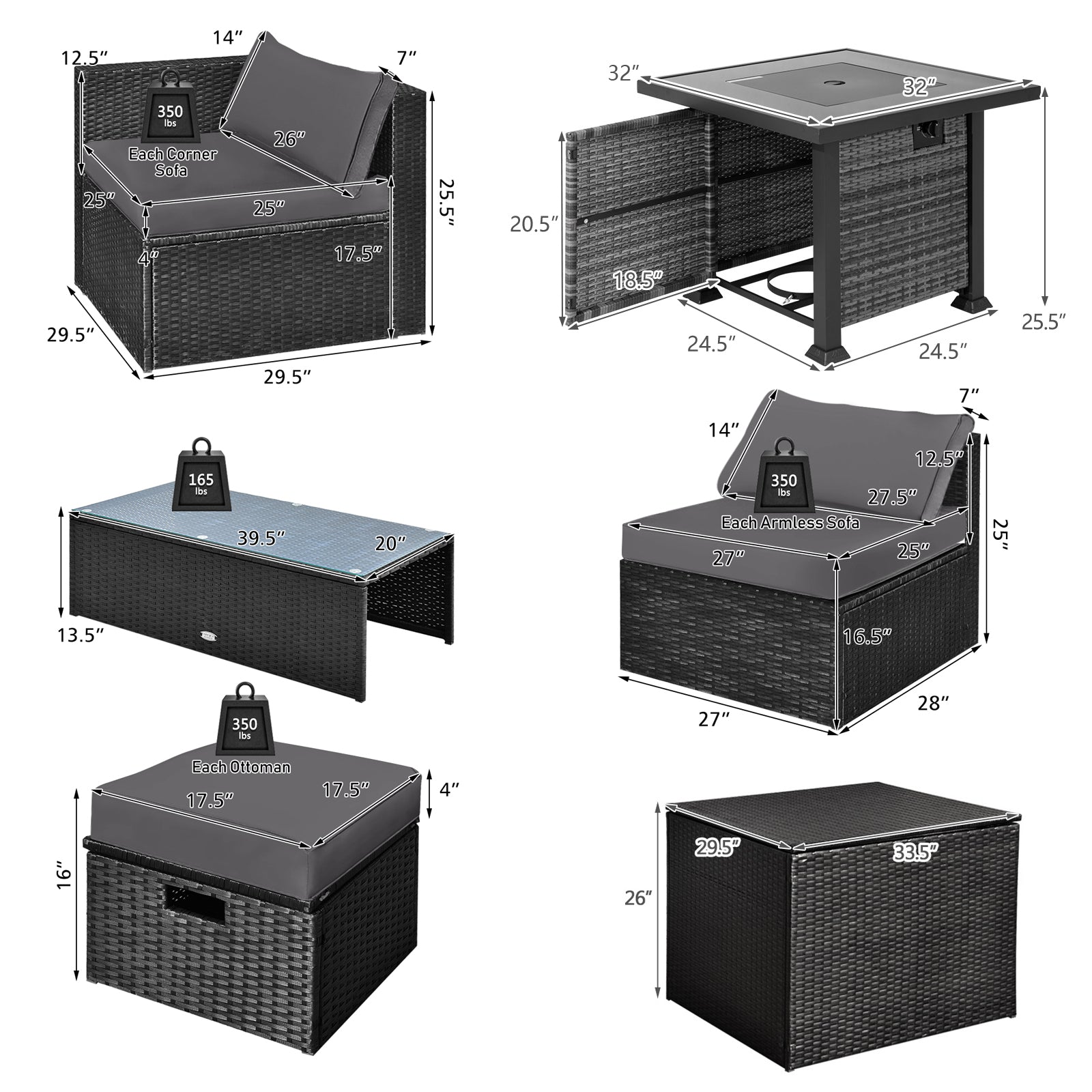 9 Pieces Patio Furniture Set with 32‚Äù Fire Pit Table and 50000 BTU Square Propane Fire Pit-Gray