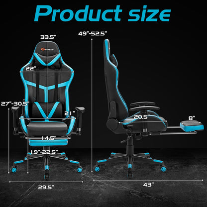 Reclining Racing Chair with Lumbar Support Footrest-Blue