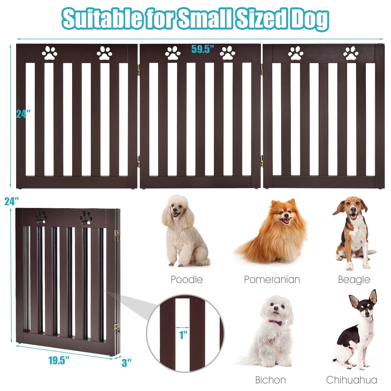 24 Inch Folding Wooden Freestanding Dog Gate with 360¬∞ Flexible Hinge for Pet-Dark Brown