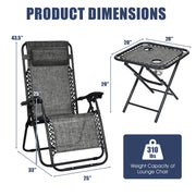 3 Pieces Folding Portable Zero Gravity Reclining Lounge Chairs Table Set-Gray