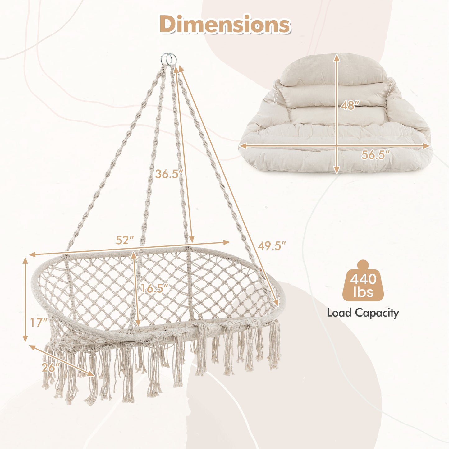 Hand-Woven Rope Hanging Chair with Cushion and Folding Frame