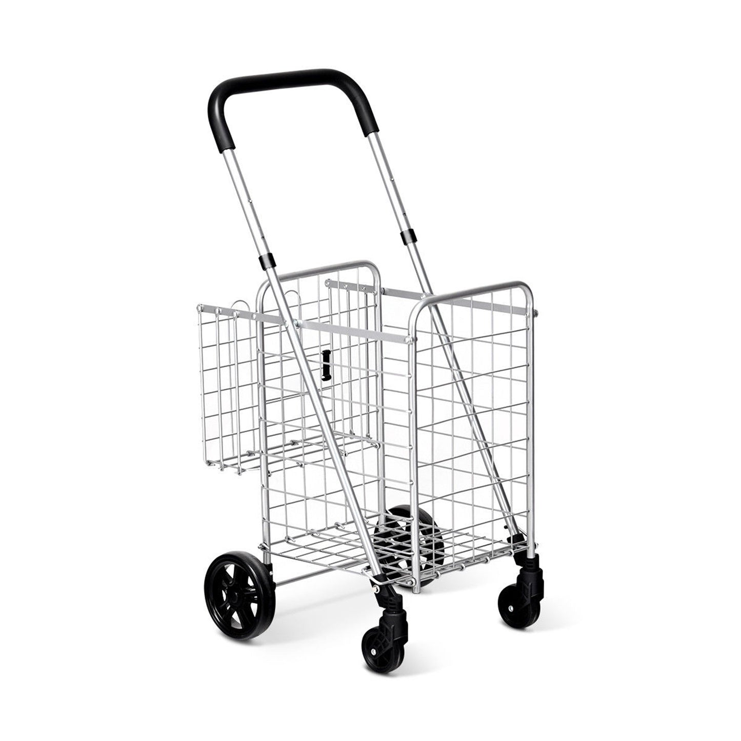 Folding Shopping Cart Basket Rolling Trolley with Adjustable Handle-Silver - Silver