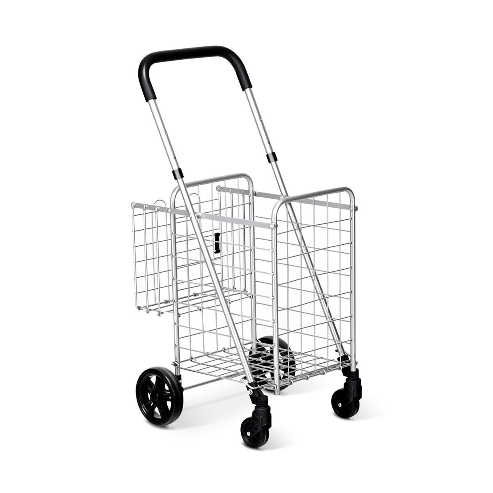 Folding Shopping Cart Basket Rolling Trolley with Adjustable Handle-Silver - Silver