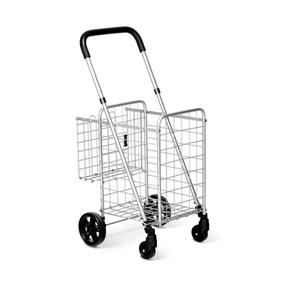 Folding Shopping Cart Basket Rolling Trolley with Adjustable Handle-Silver - Silver