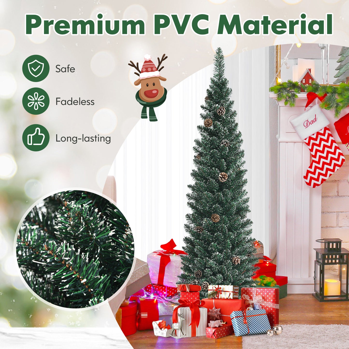 Snowy Artificial Pencil Christmas Tree with Pine Cones-5 ft