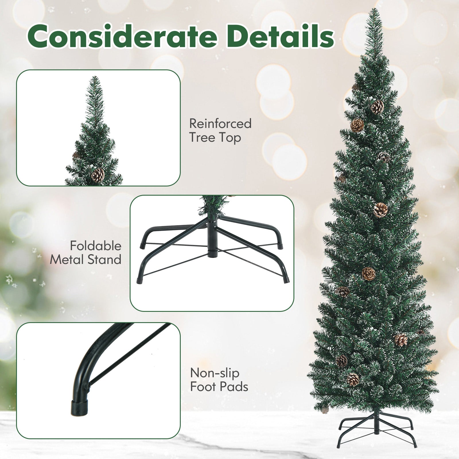 Snowy Artificial Pencil Christmas Tree with Pine Cones-5 ft