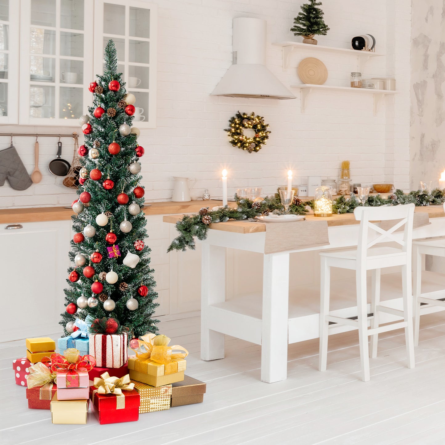 Snowy Artificial Pencil Christmas Tree with Pine Cones-5 ft