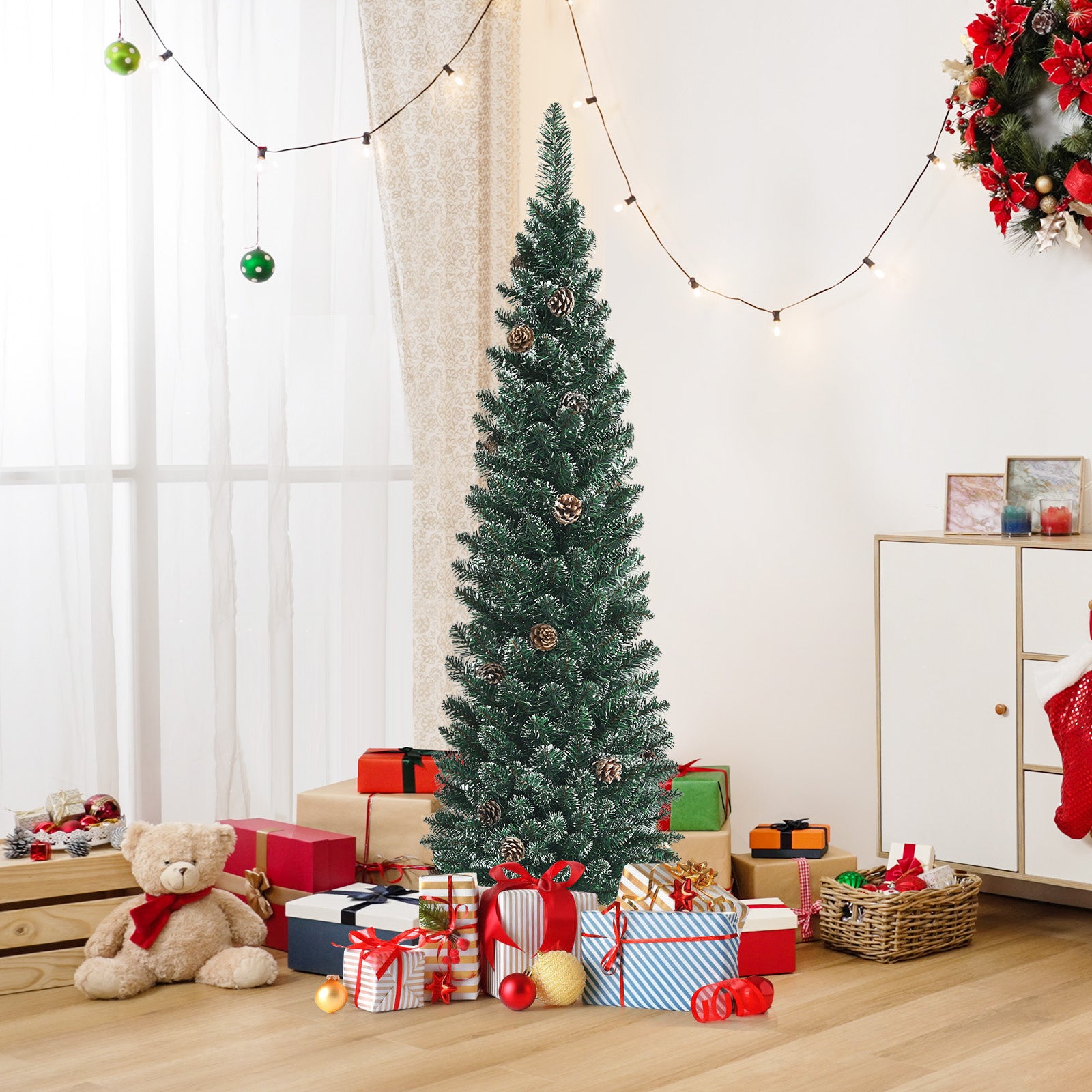 Snowy Artificial Pencil Christmas Tree with Pine Cones-5 ft