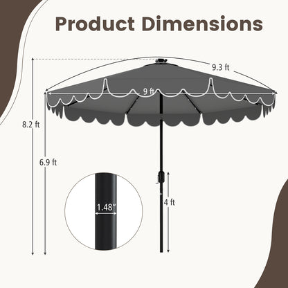 9.3 Feet Solar Patio Umbrella with 24 LED Lights Vented Top and Ruffles-Beige