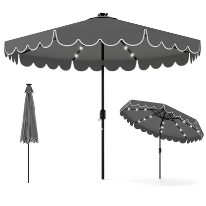 9.3 Feet Solar Patio Umbrella with 24 LED Lights Vented Top and Ruffles-Beige