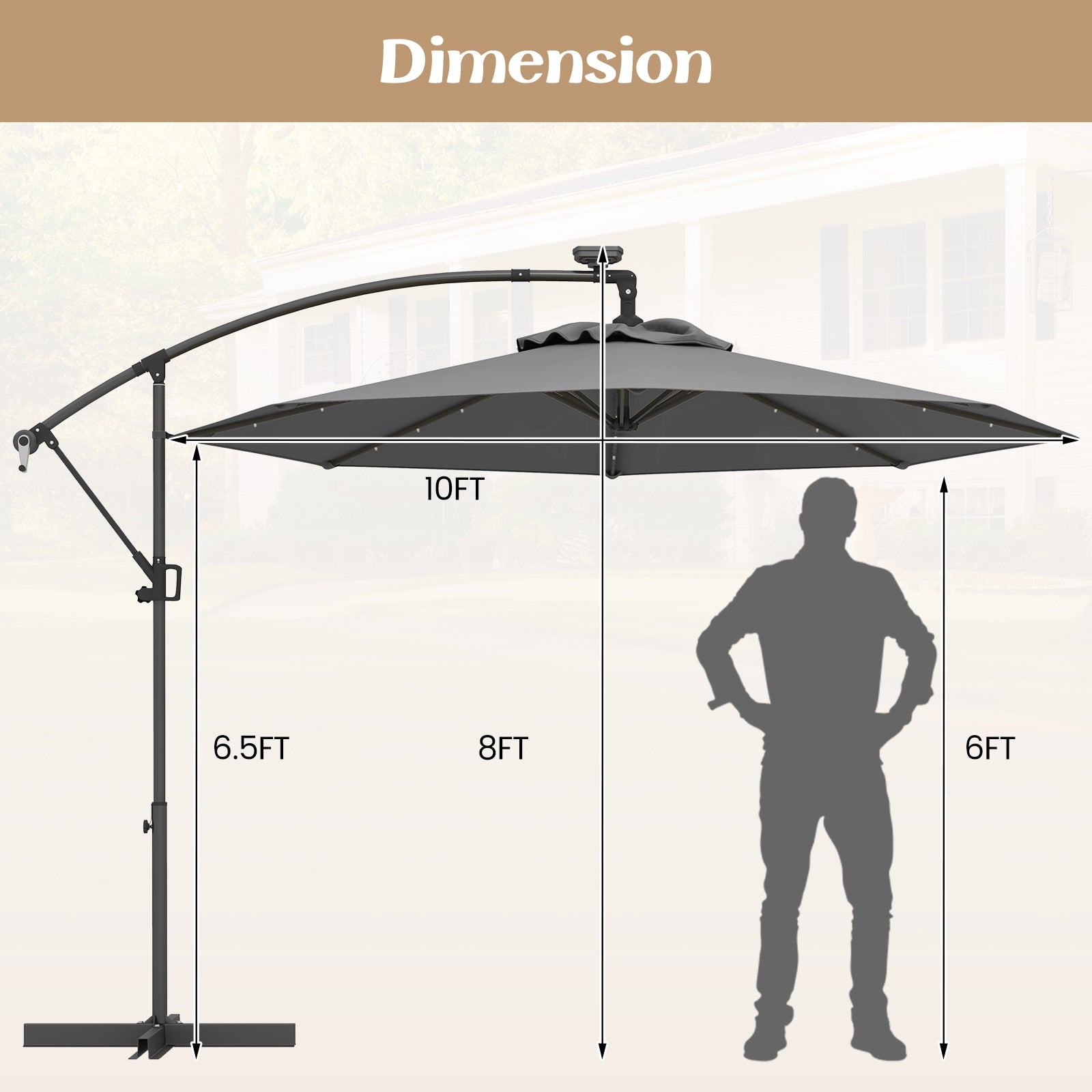 10 ft 360° Rotation Solar Powered LED Patio Offset Umbrella without Weight Base-Orange - Gray