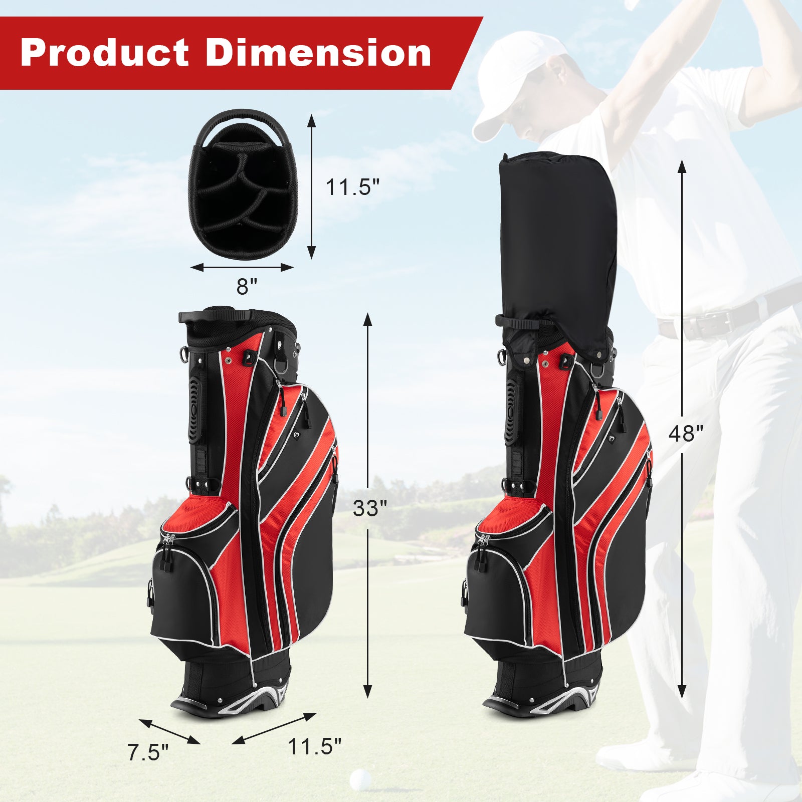 Golf Stand Cart Bag with 6-Way Divider Carry Pockets-Black - Red