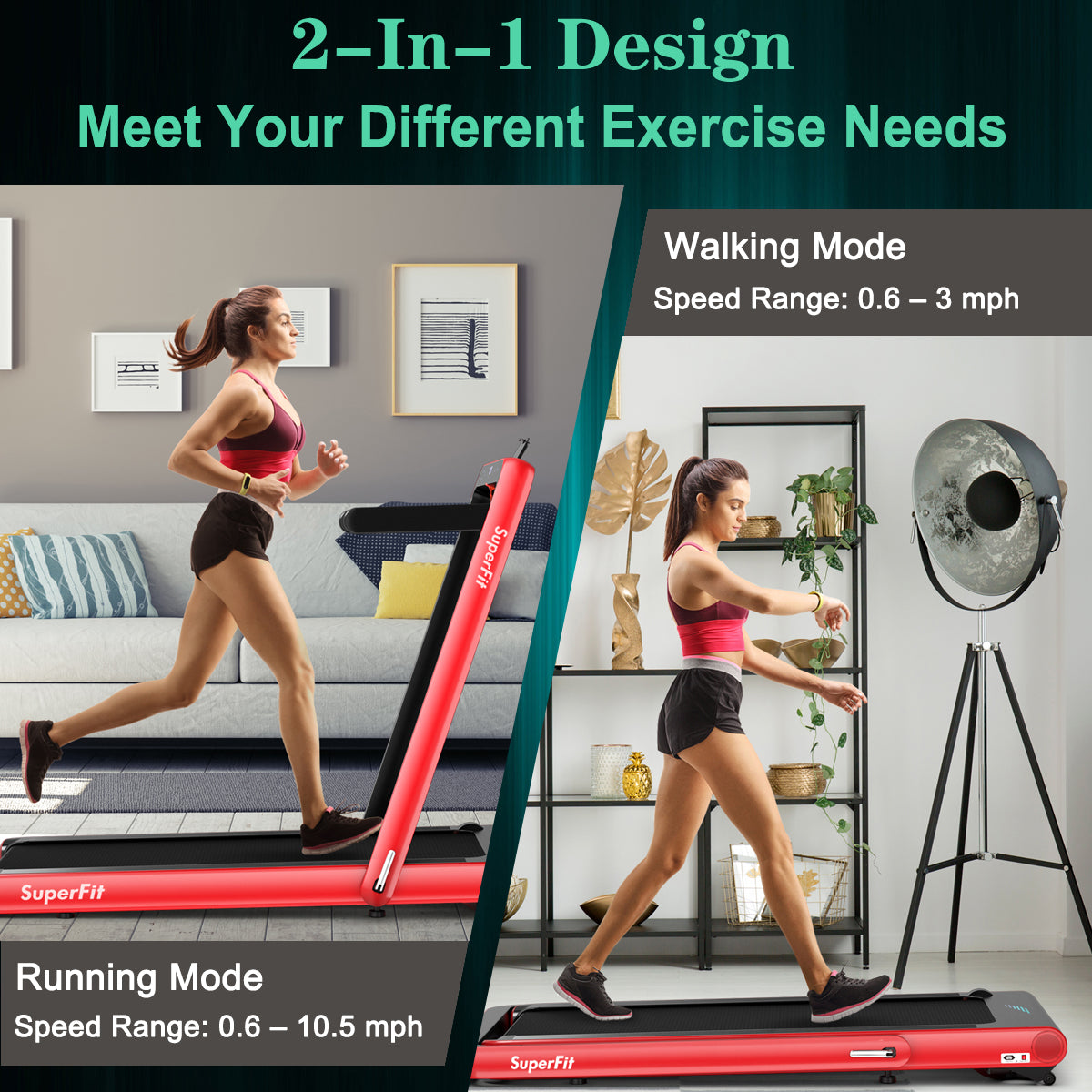 4.75HP 2 In 1 Folding Treadmill with Remote APP Control-Black - Red