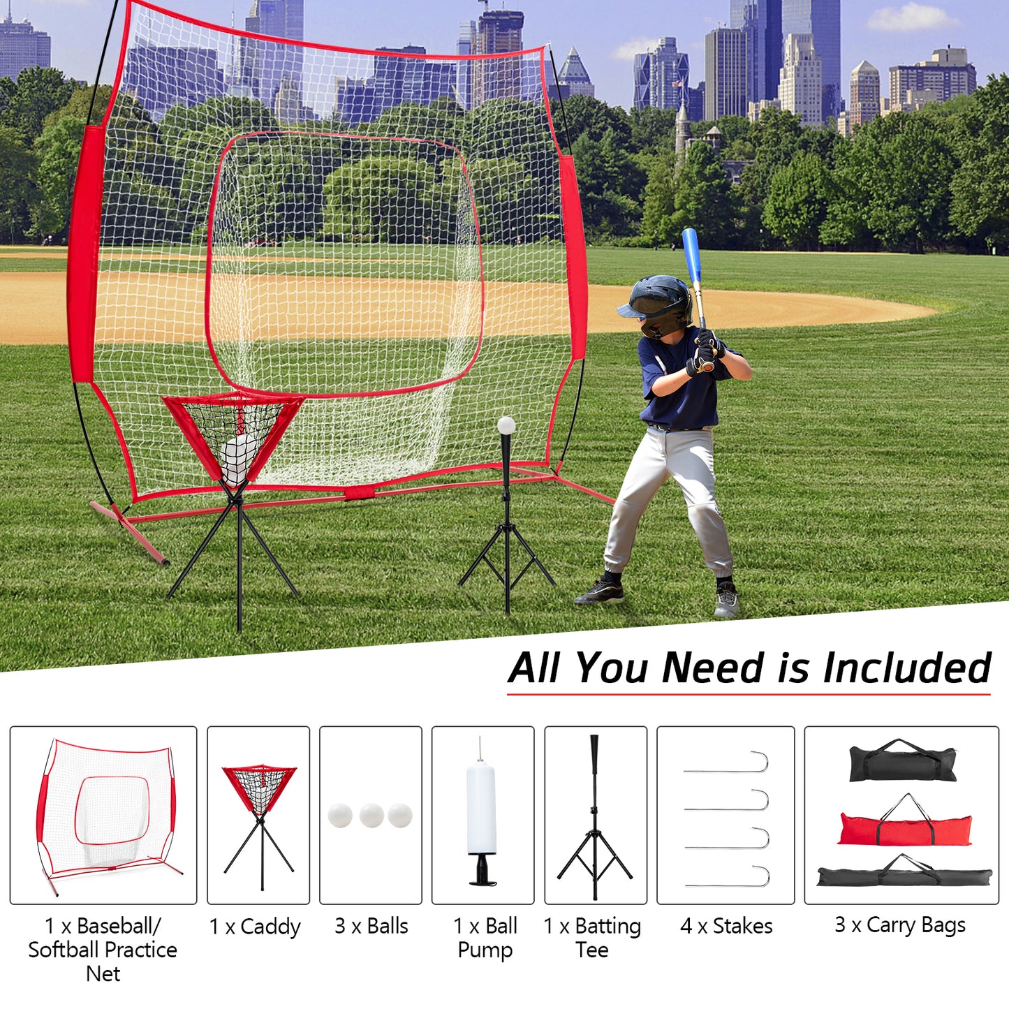 Portable Practice Net Kit with 3 Carrying Bags-Red